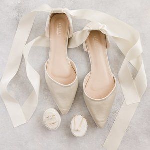 Ivory Satin Pointy Toe Flats with Satin Bow